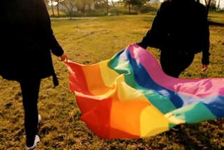 Two people carrying a rainbow Pride flag